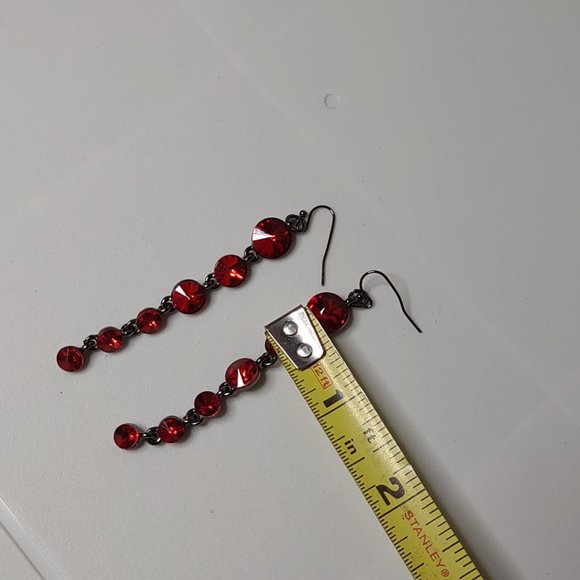 Long Red Glass And Dark Silver Tone Metal Dangle Earrings - Picture 9 of 12